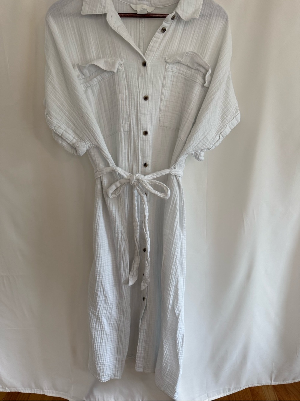 Maternity White Gauze Button-Front Shirt Dress with Tie Waist